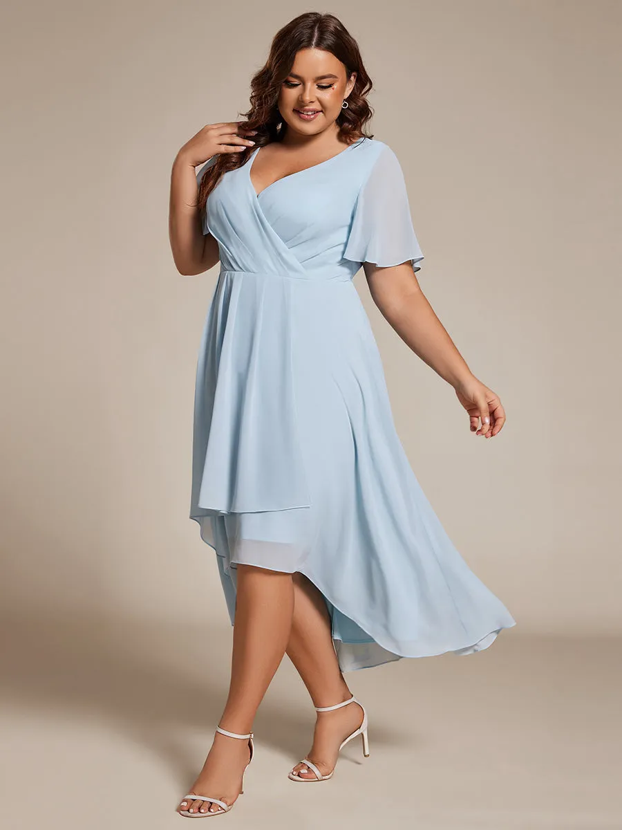 Plus V-Neck Midi Chiffon Wedding Guest Dresses with Ruffles Sleeve