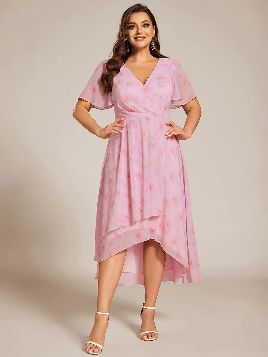 Plus V-Neck Midi Chiffon Wedding Guest Dresses with Ruffles Sleeve