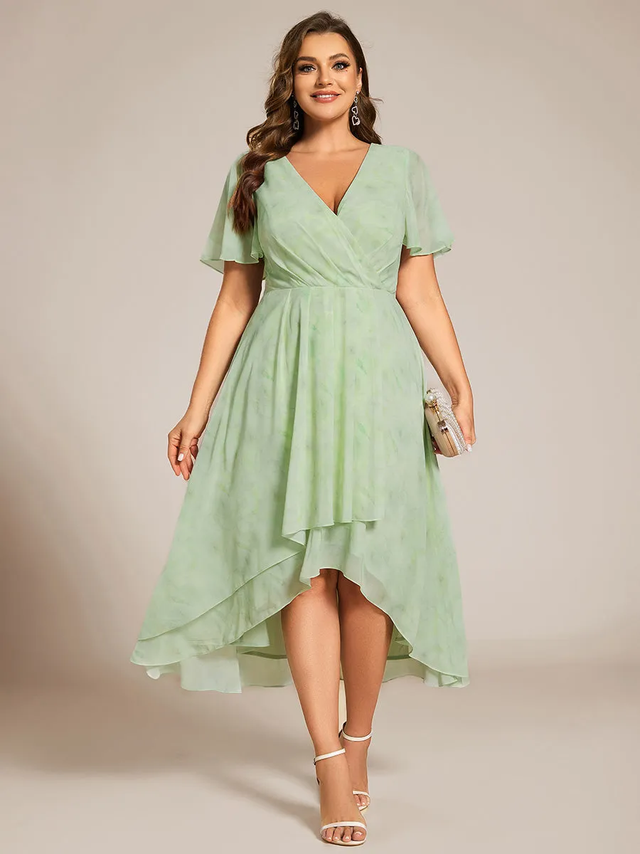 Plus V-Neck Midi Chiffon Wedding Guest Dresses with Ruffles Sleeve