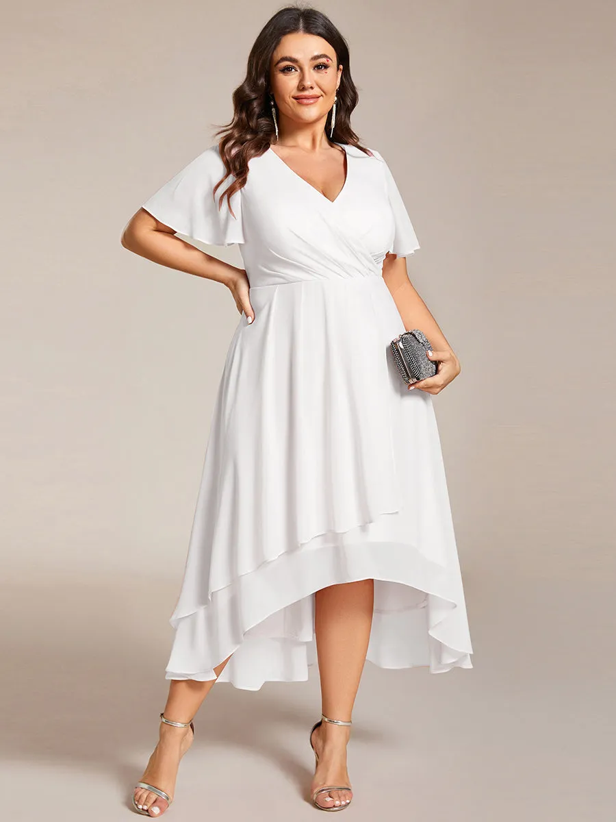 Plus V-Neck Midi Chiffon Wedding Guest Dresses with Ruffles Sleeve