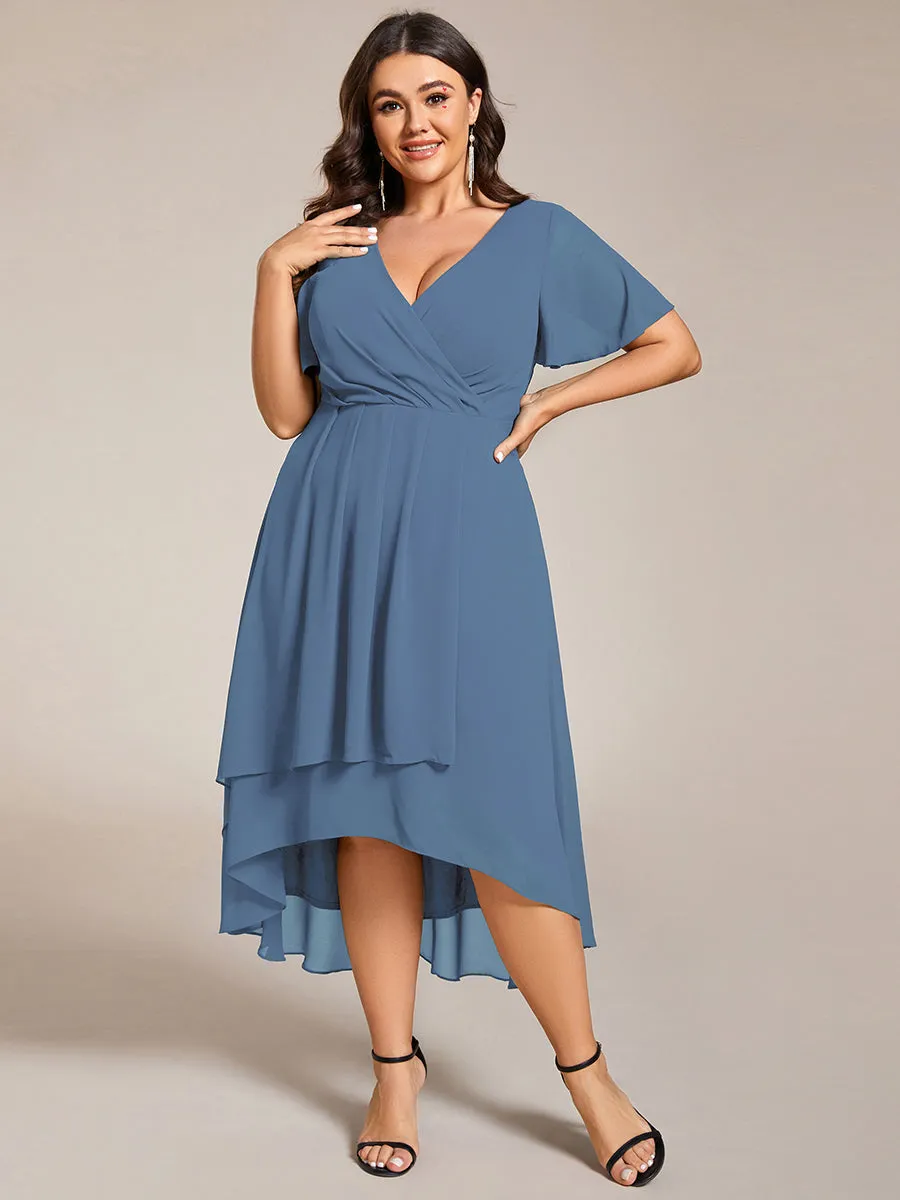 Plus V-Neck Midi Chiffon Wedding Guest Dresses with Ruffles Sleeve