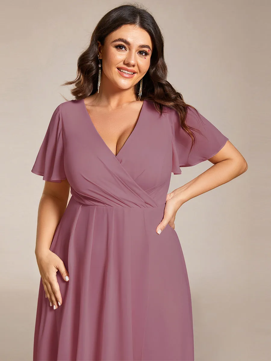 Plus V-Neck Midi Chiffon Wedding Guest Dresses with Ruffles Sleeve