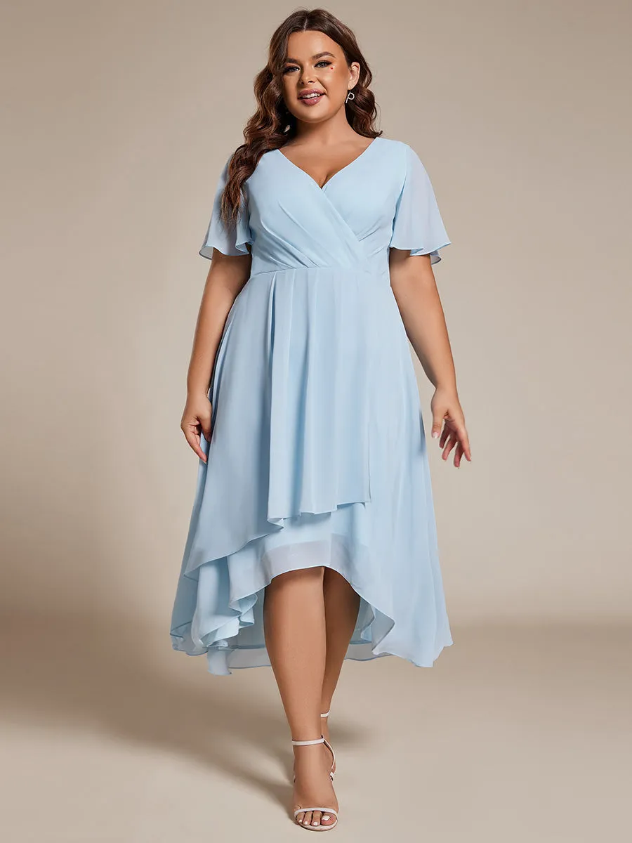 Plus V-Neck Midi Chiffon Wedding Guest Dresses with Ruffles Sleeve