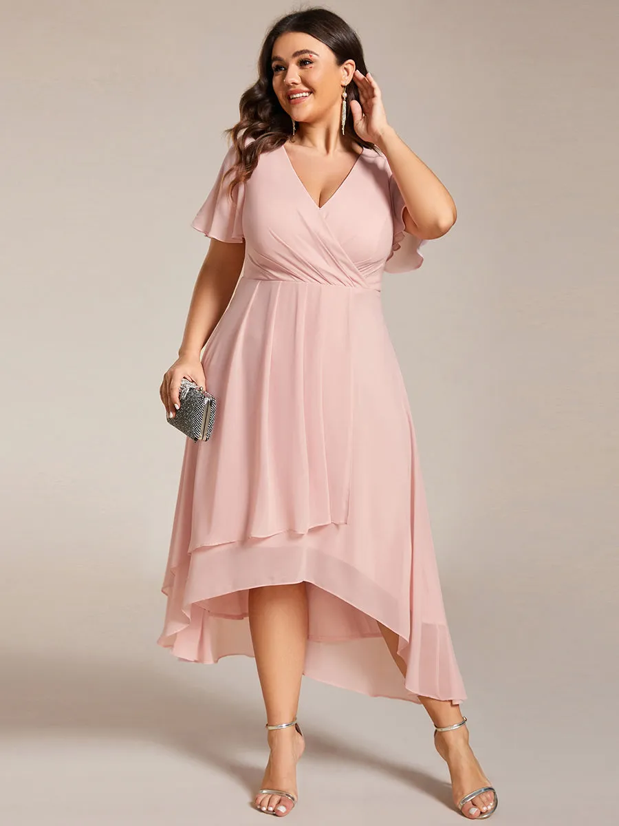 Plus V-Neck Midi Chiffon Wedding Guest Dresses with Ruffles Sleeve