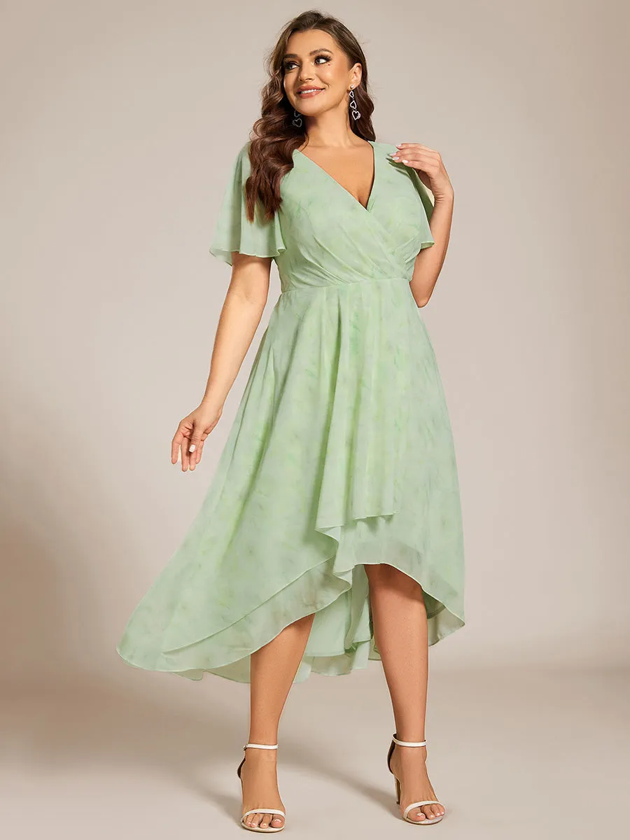 Plus V-Neck Midi Chiffon Wedding Guest Dresses with Ruffles Sleeve