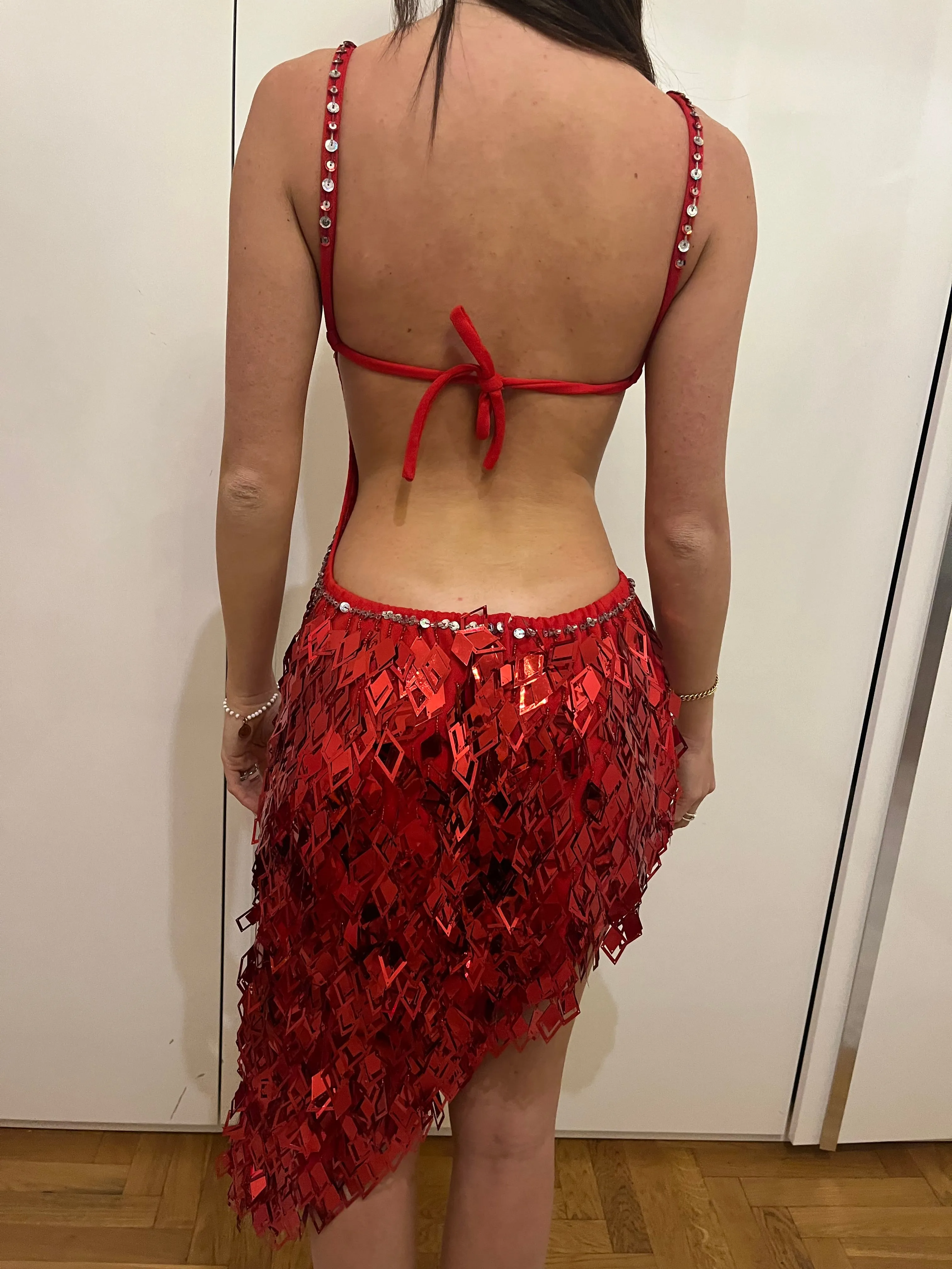 Radiant Red and Silver Sequined Latin Dance Dress