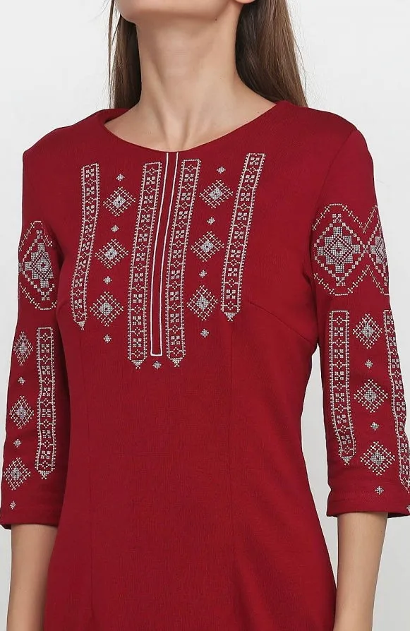 Raspberry Red Embroidered Dress “Grey Geometric”