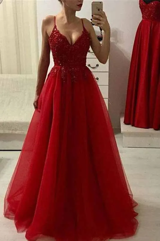 Red A Line Spaghetti Straps Beads Tulle Evening Dresses V Neck Long Prom Dress