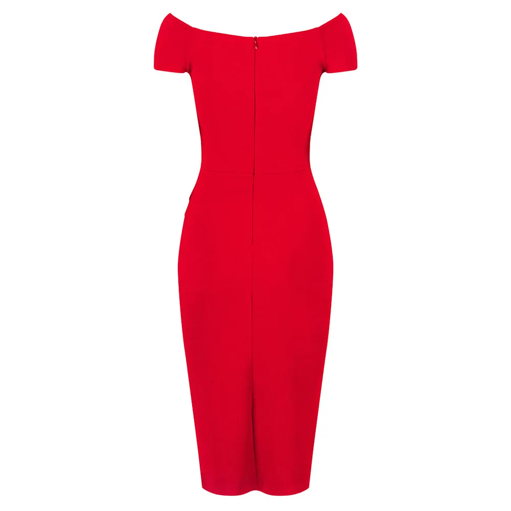 Red Cap Sleeve Crossover Top Bardot Wiggle Dress