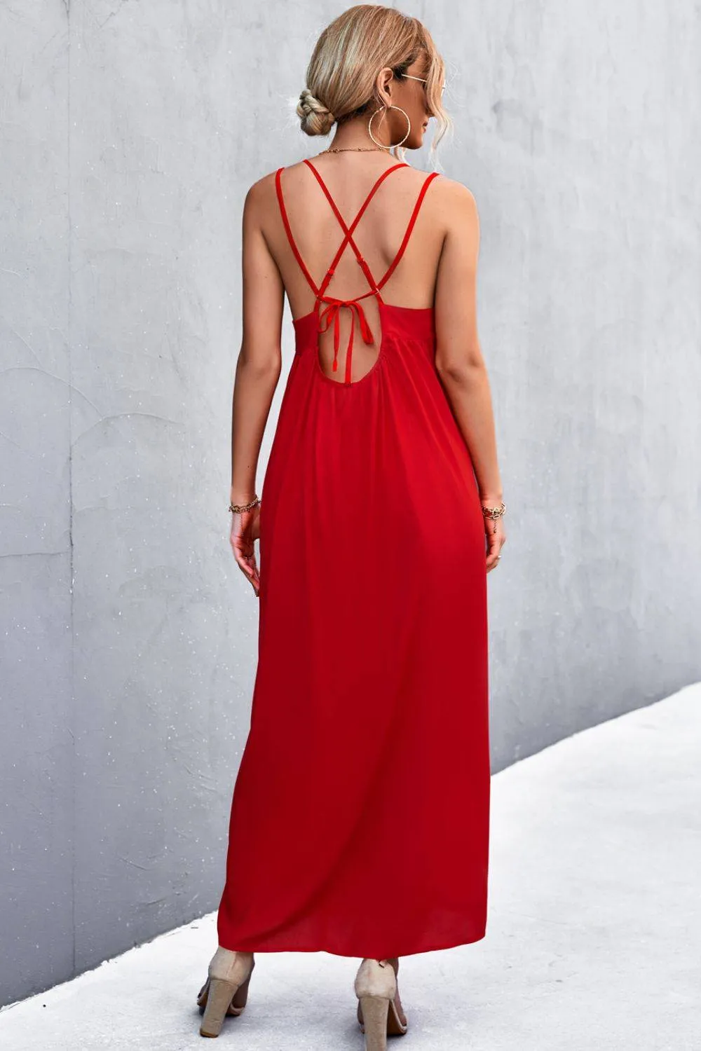 Red Double-Strap Crisscross Maxi Dress