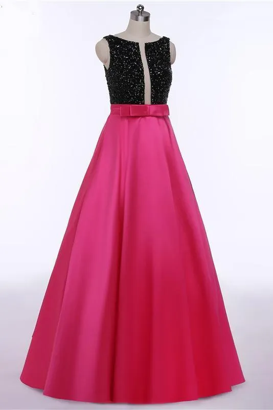 Red Open Back Beads Bowknot with Pockets Round Neck Sleeveless Prom Dresses