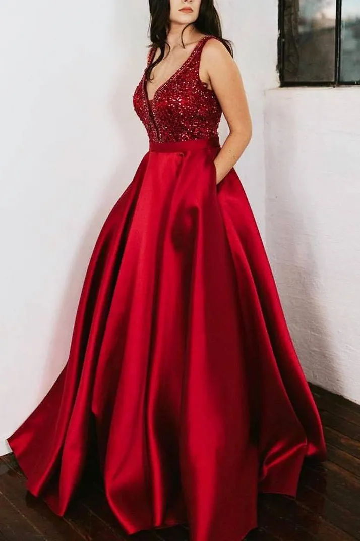 Red Prom Dresses Satin Beaded Ball Gown with Pockets