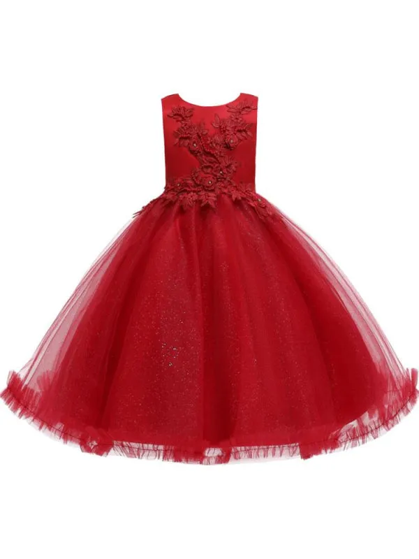 Romantic Jewel Neck Sleeveless Flower Girl Dresses Pink 3D Floral Formal Dress for Kids