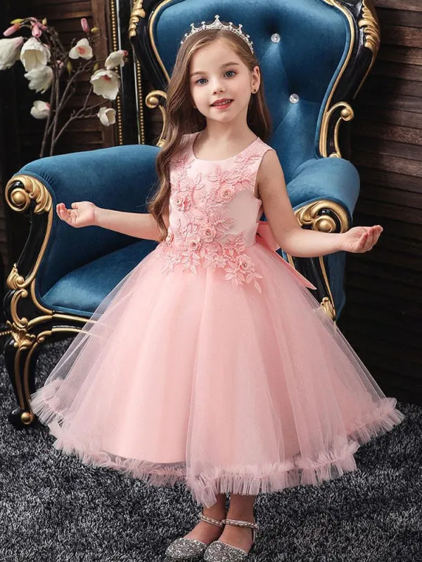 Romantic Jewel Neck Sleeveless Flower Girl Dresses Pink 3D Floral Formal Dress for Kids