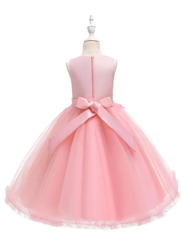 Romantic Jewel Neck Sleeveless Flower Girl Dresses Pink 3D Floral Formal Dress for Kids