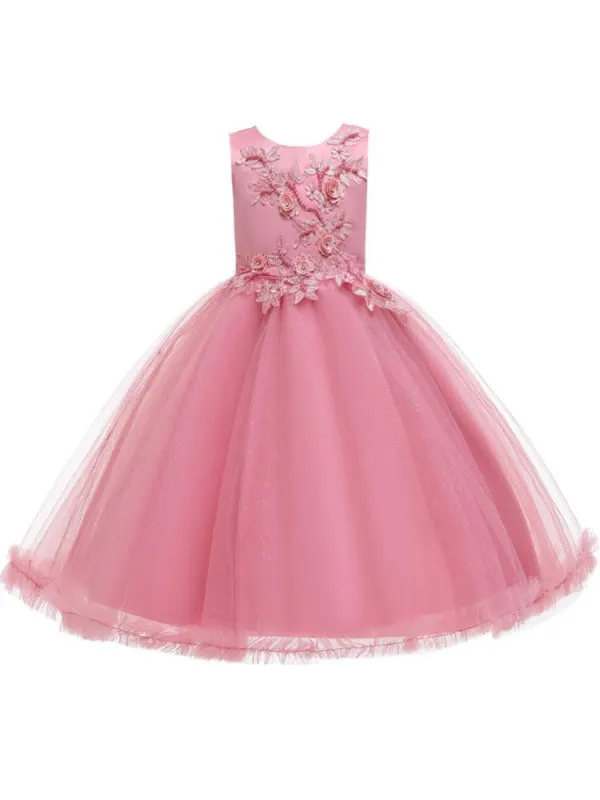 Romantic Jewel Neck Sleeveless Flower Girl Dresses Pink 3D Floral Formal Dress for Kids