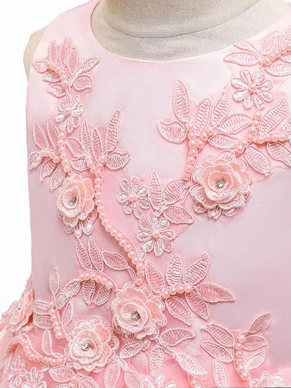 Romantic Jewel Neck Sleeveless Flower Girl Dresses Pink 3D Floral Formal Dress for Kids