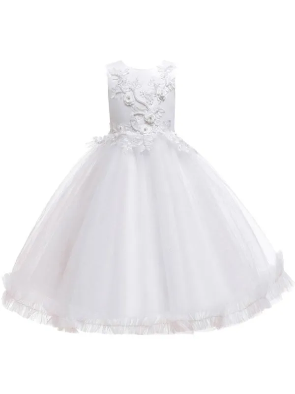 Romantic Jewel Neck Sleeveless Flower Girl Dresses Pink 3D Floral Formal Dress for Kids