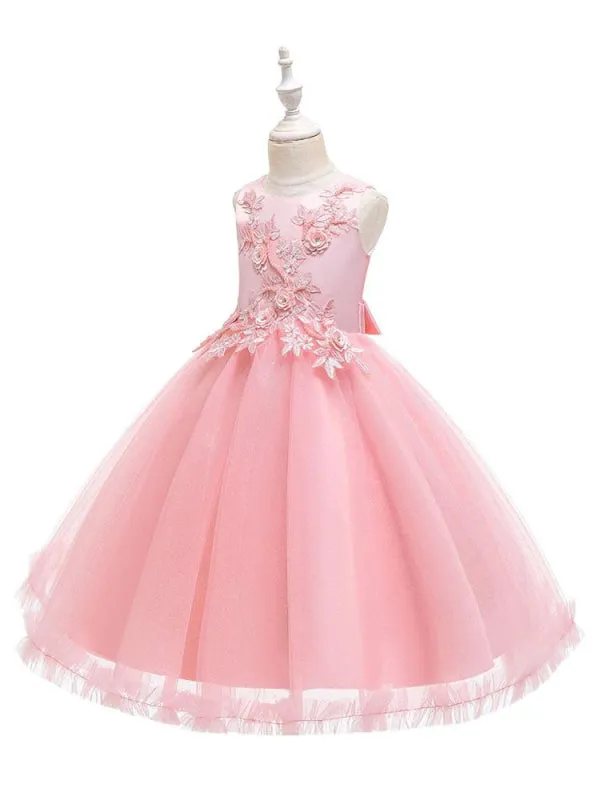 Romantic Jewel Neck Sleeveless Flower Girl Dresses Pink 3D Floral Formal Dress for Kids