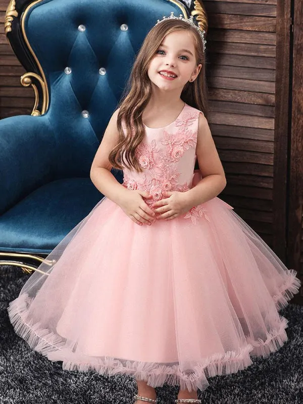 Romantic Jewel Neck Sleeveless Flower Girl Dresses Pink 3D Floral Formal Dress for Kids