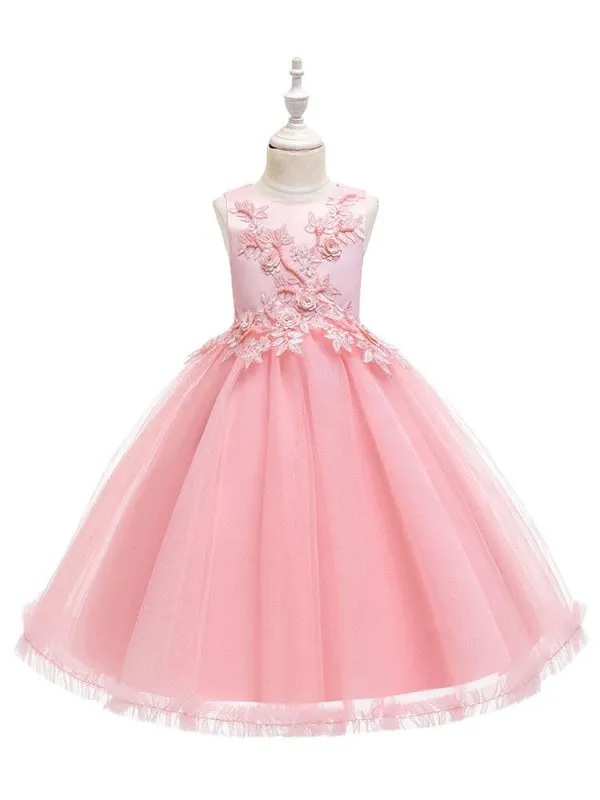 Romantic Jewel Neck Sleeveless Flower Girl Dresses Pink 3D Floral Formal Dress for Kids