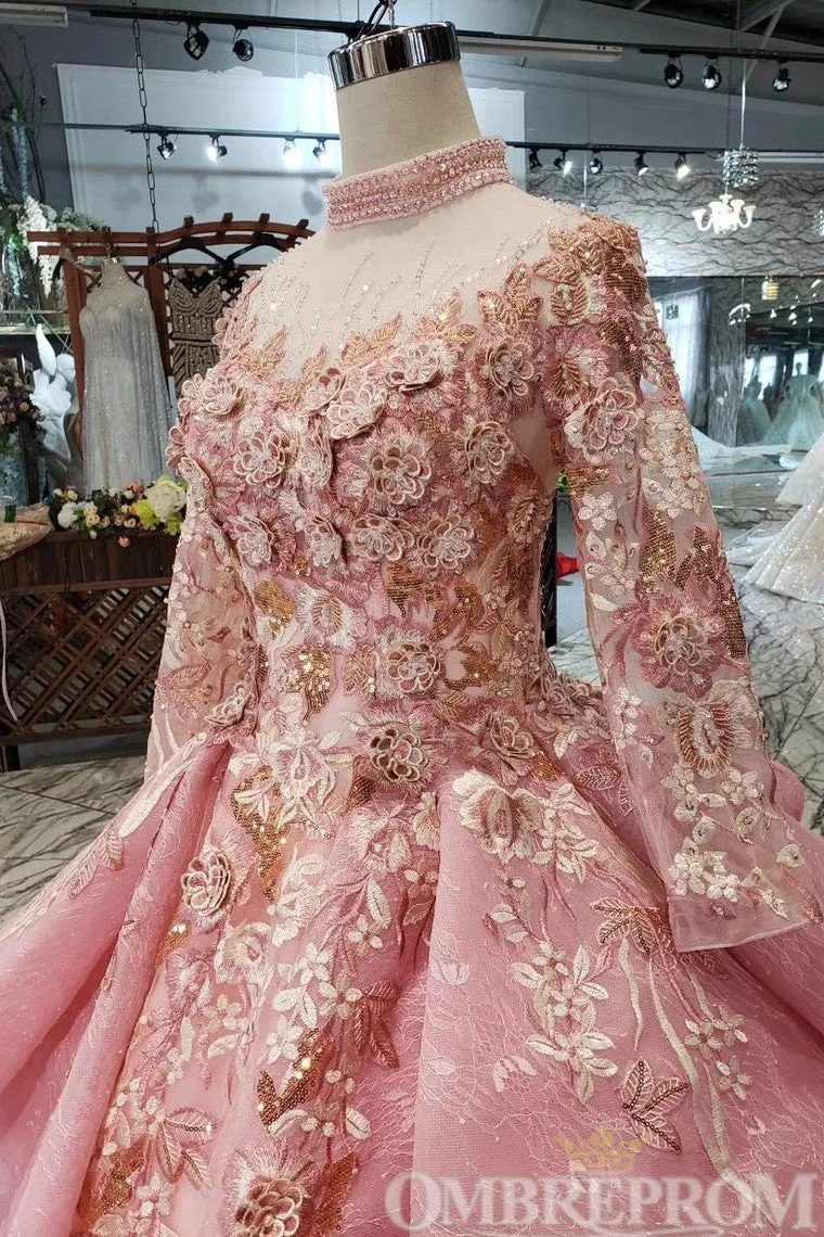 Romantic Princess Ball Gown Long Sleeves High Neck Prom Dresses