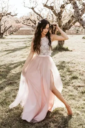 Round Neck Tulle Two Piece Pink Boho Prom Dresses