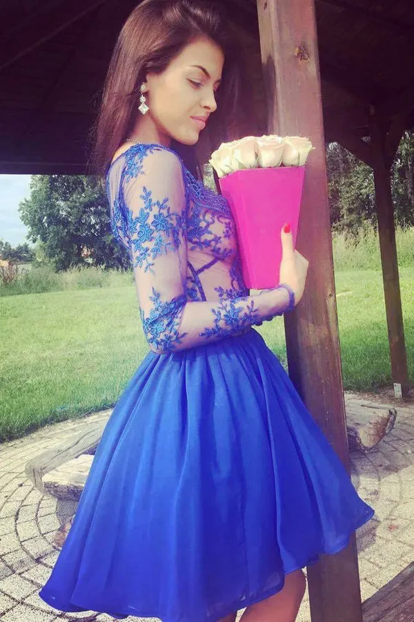 Royal Blue A-Line Long Sleeves V-Neck Illusion Lace Short Prom Dresses