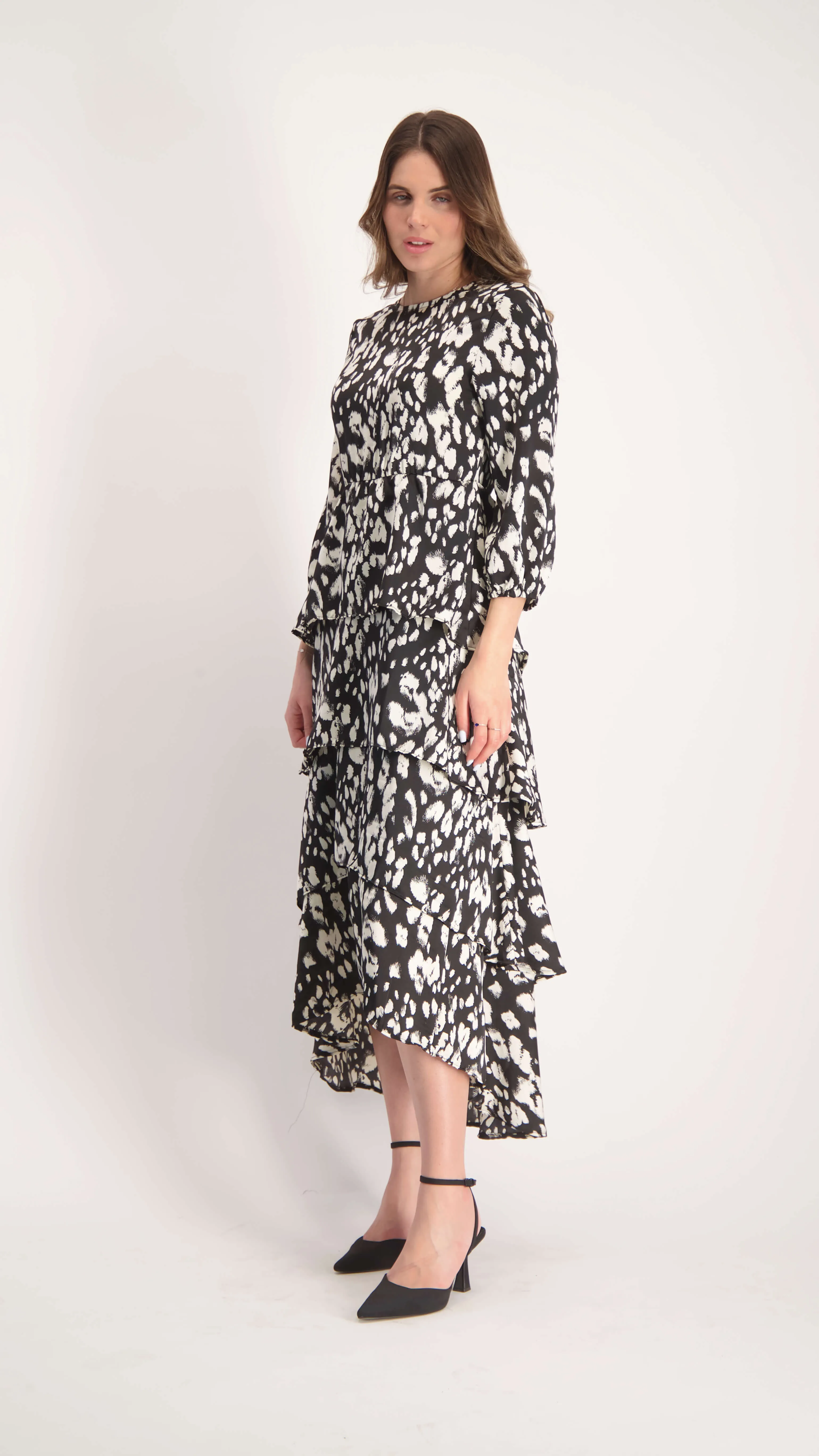 Ruffle Layers Dress / Black & White Leopard