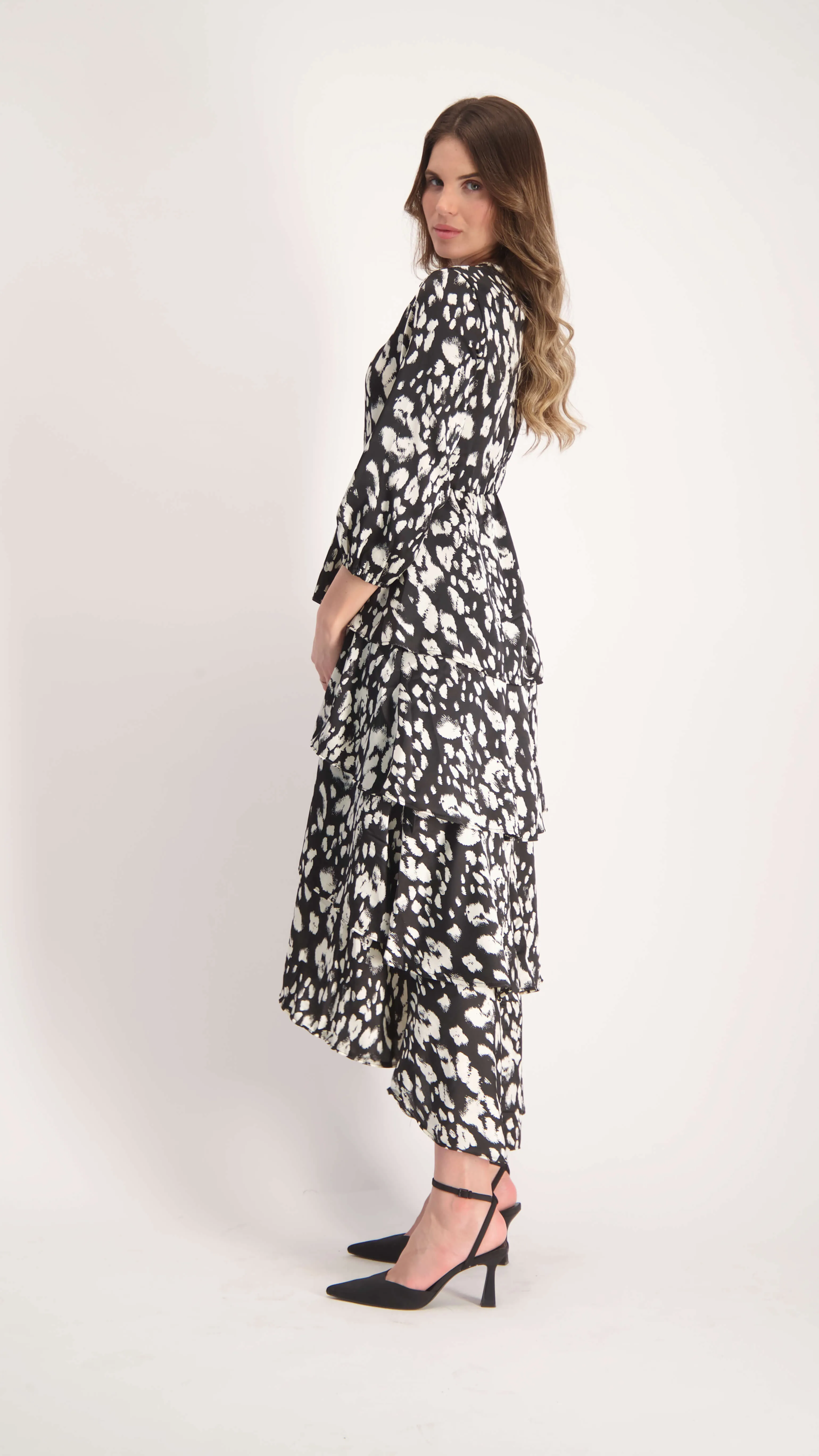 Ruffle Layers Dress / Black & White Leopard