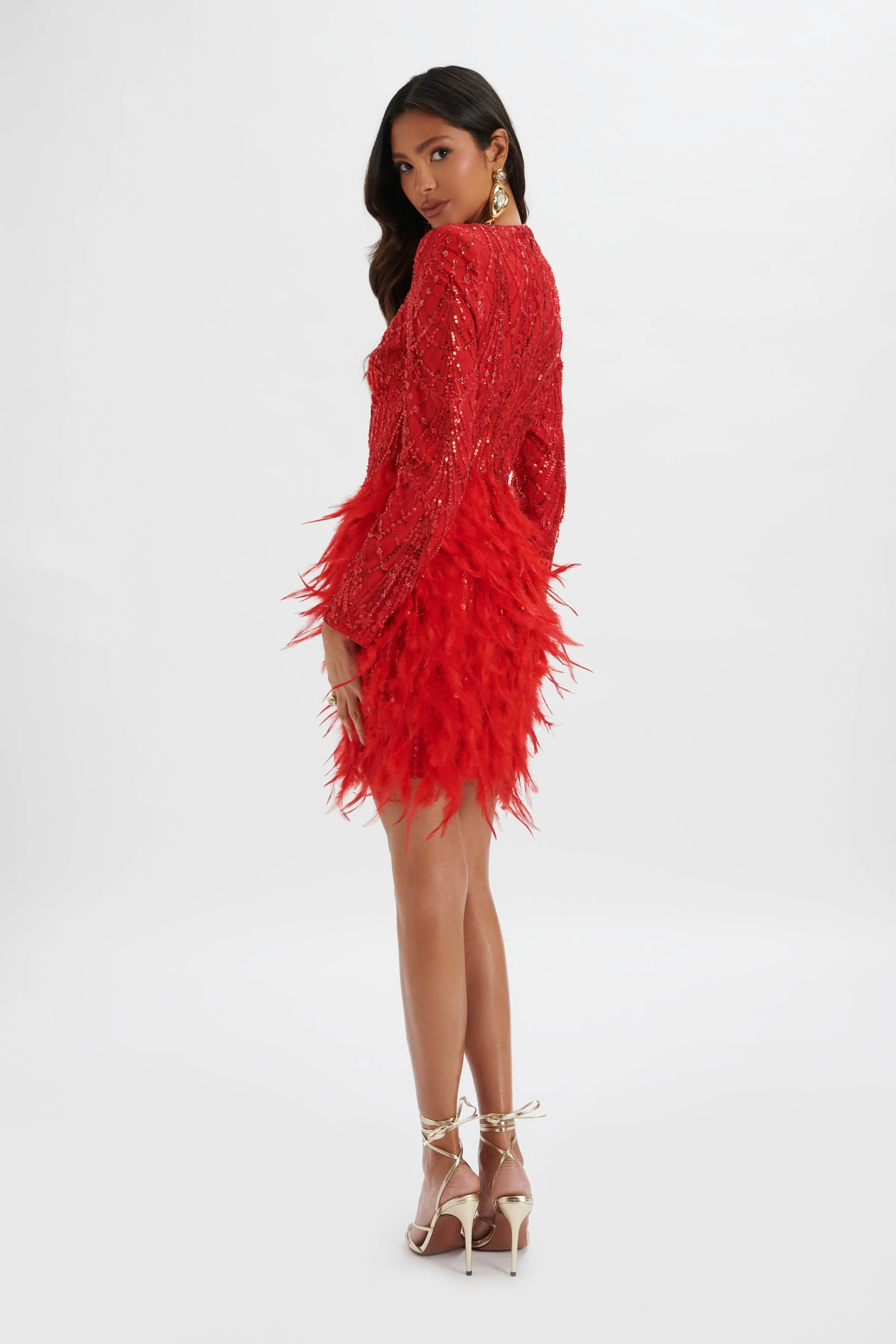 SELENE Embellished Feather Mini Dress In Red