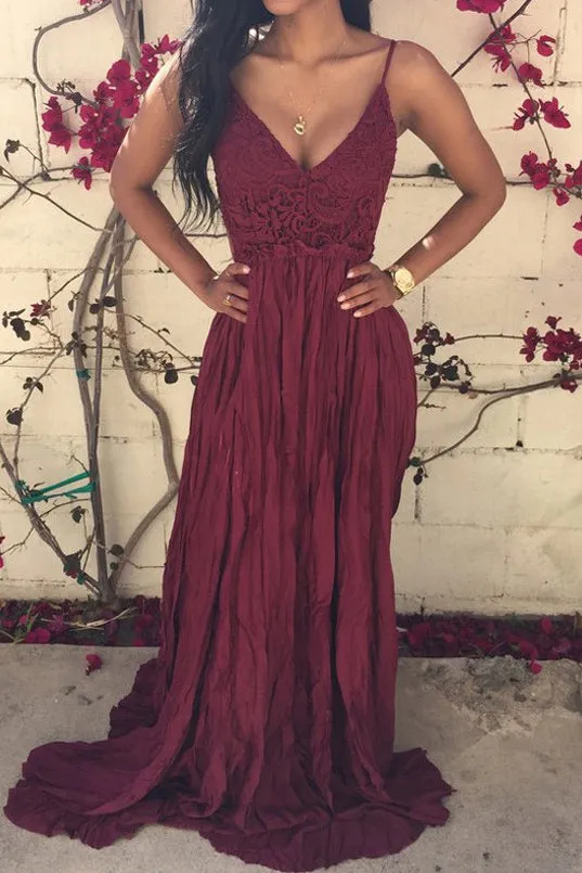 Sexy Burgundy V-neck Lace Spaghetti-straps Ruched Backless Prom Dresses