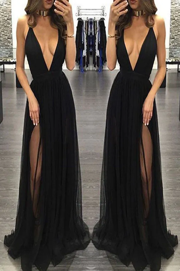 Sexy Deep V Neck Halter Tie Back Side Slit Prom Dresses