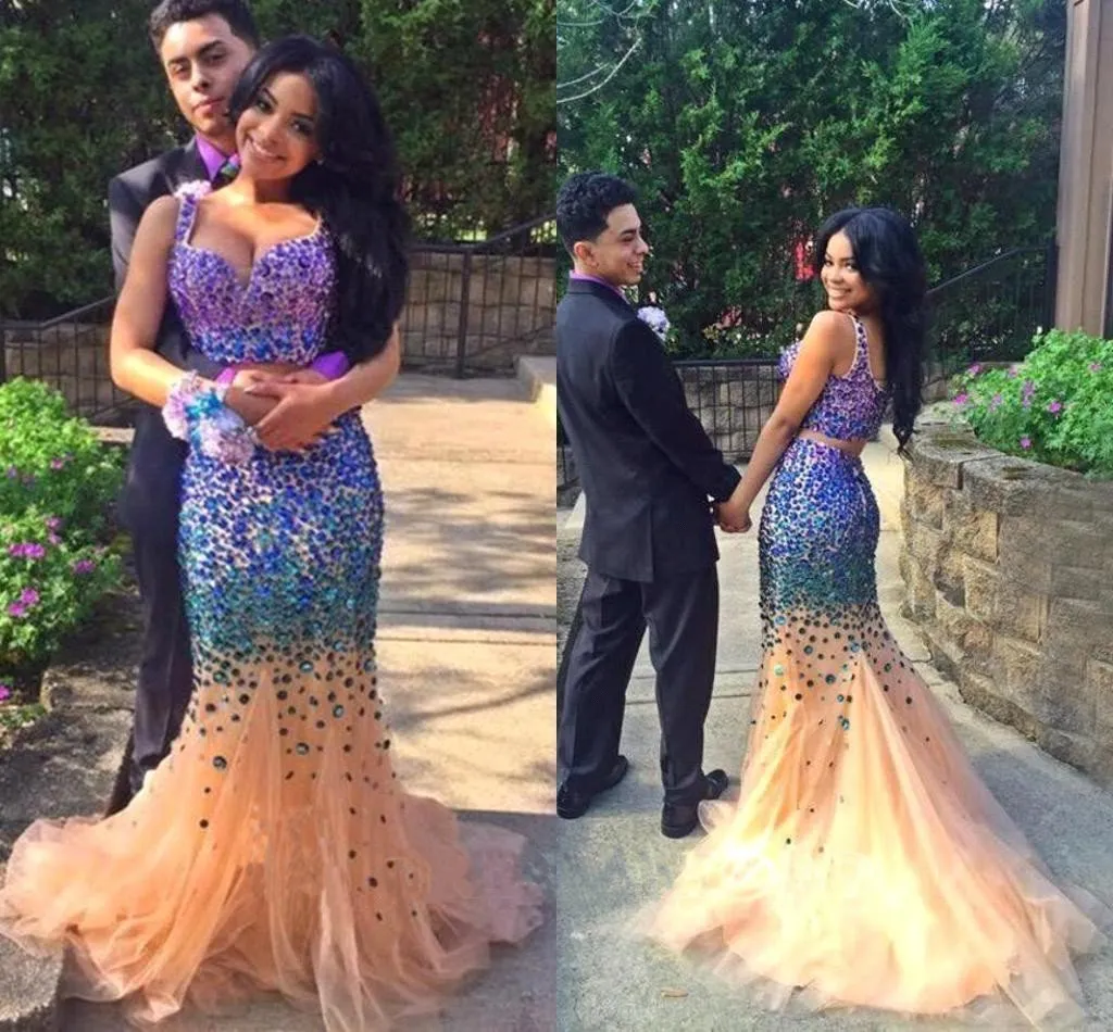 Sexy Elegant Mermaid Tulle Crystals Two Pieces V-Neck Luxurious Long Prom Dresses