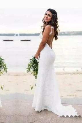 Sexy Lace Mermaid Spaghetti Straps V Neck Backless Beach Wedding Dresses