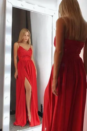 Sexy Red V-Neck Spaghetti Straps Satin Lace Bodice Floor Length Split Prom Dresses