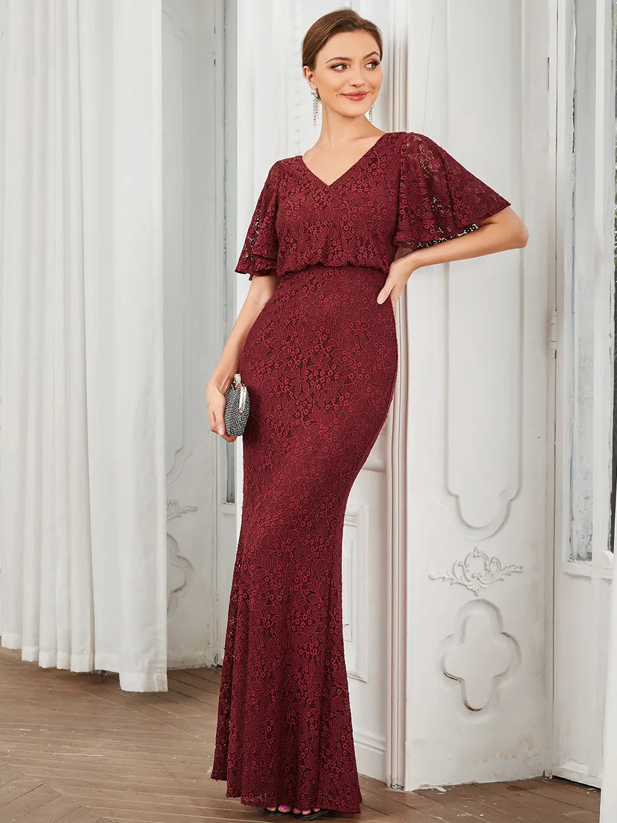 Short Ruffles Sleeves A Line Wholesale Evening Dresses with V Neck