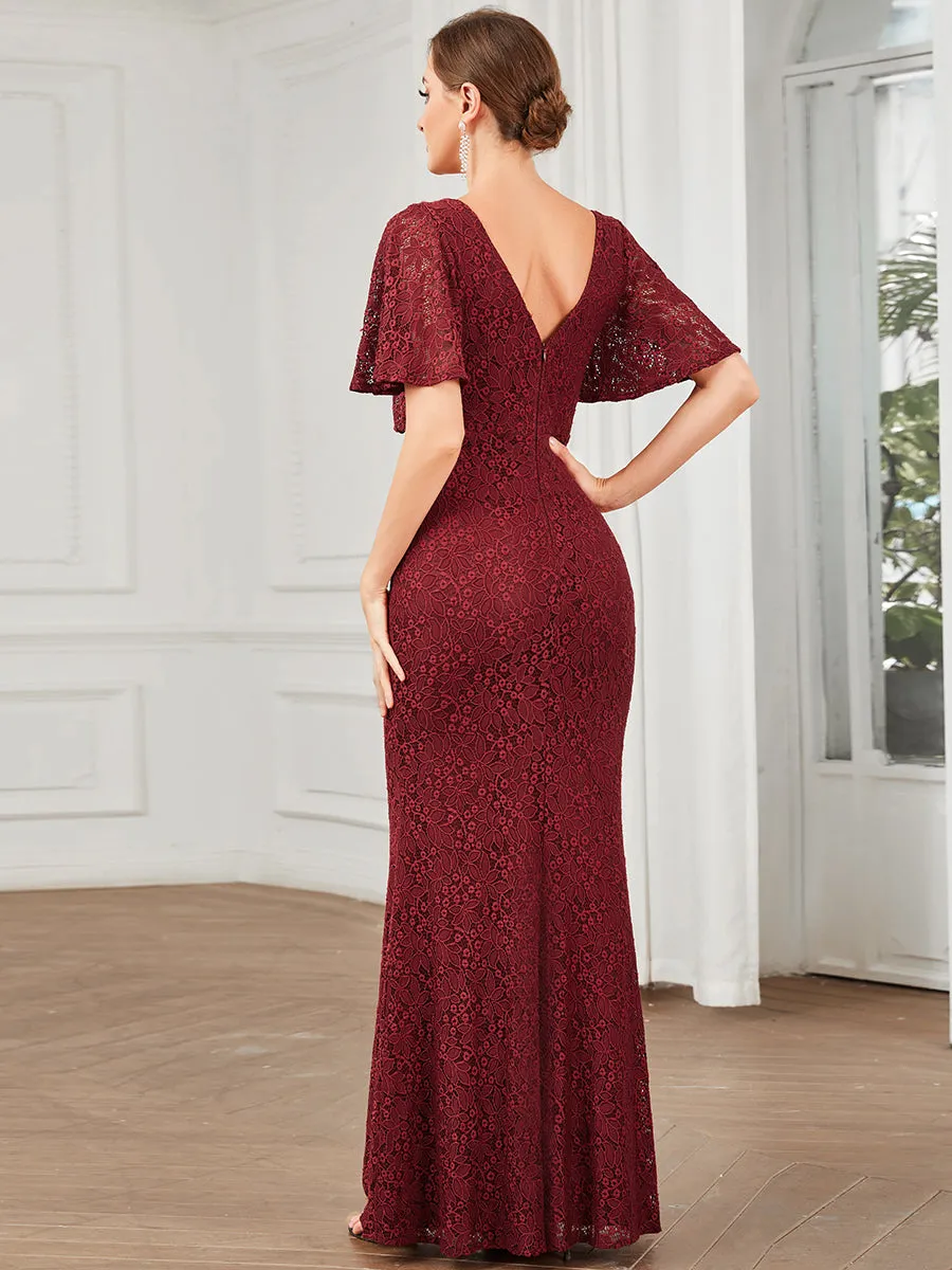 Short Ruffles Sleeves A Line Wholesale Evening Dresses with V Neck