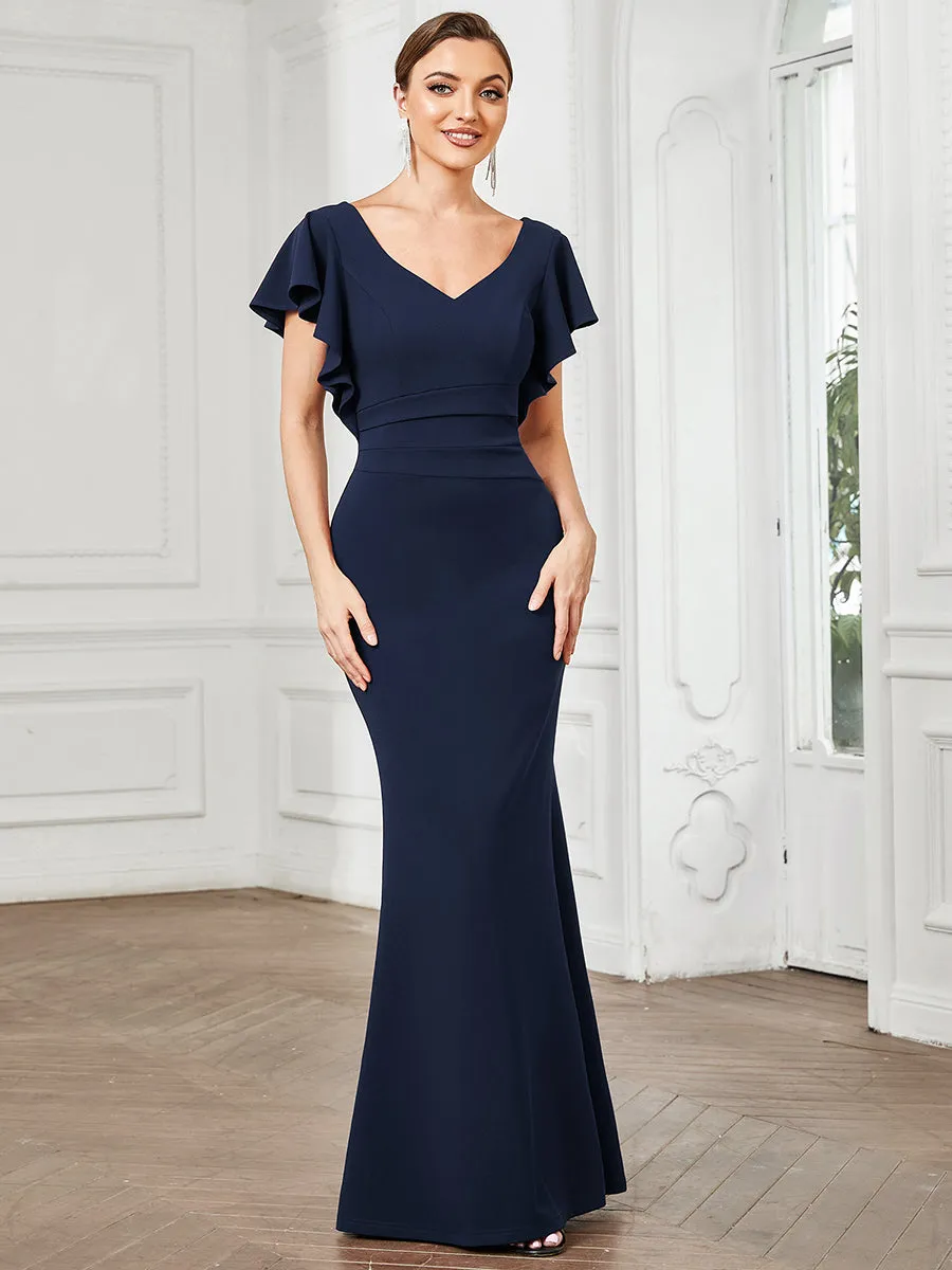 Short Ruffles Sleeves Fishtail Deep V Neck Wholesale Evening Dresses