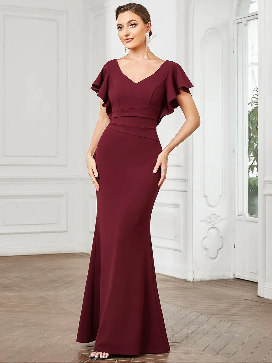 Short Ruffles Sleeves Fishtail Deep V Neck Wholesale Evening Dresses