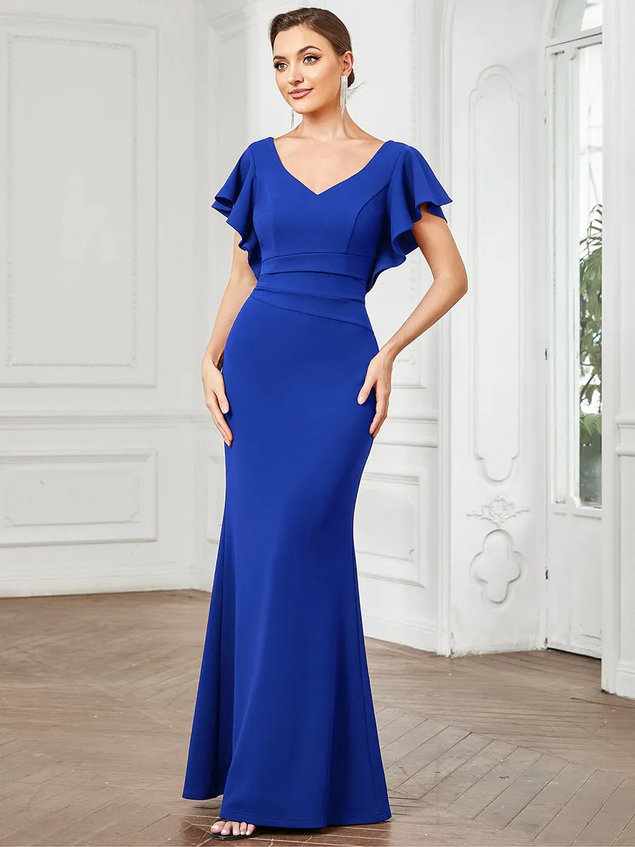 Short Ruffles Sleeves Fishtail Deep V Neck Wholesale Evening Dresses