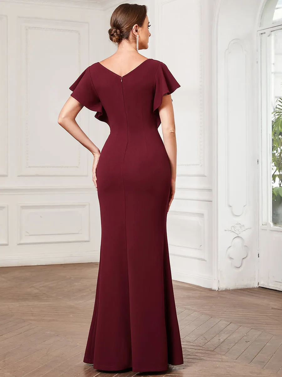 Short Ruffles Sleeves Fishtail Deep V Neck Wholesale Evening Dresses