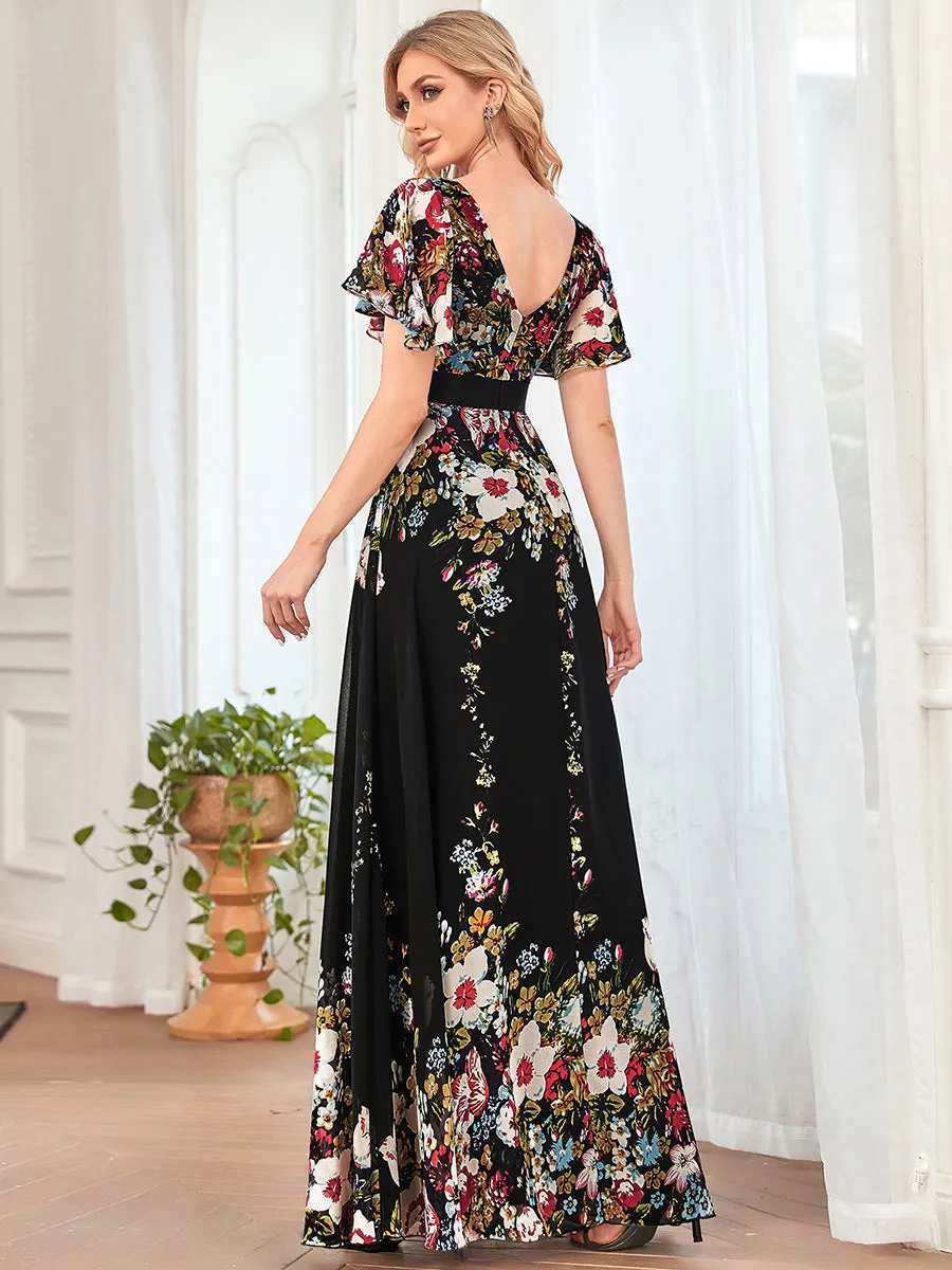 Short Ruffles Sleeves V Neck A Line Wholesale Evening Dresses