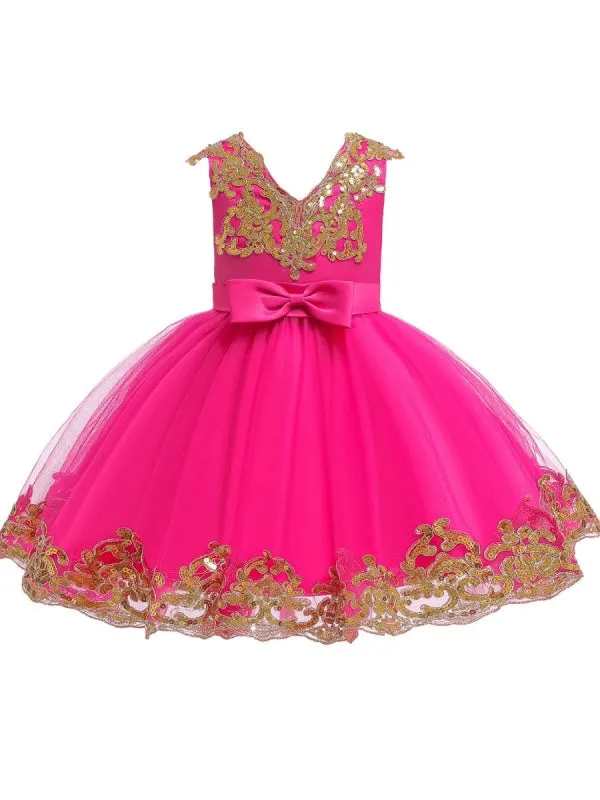 Short Sleeves Red Gold Sequins  Appliques Flower Girl Dresses V-Neck Tulle Princess Silhouette Embroidered Kids Party Dresses