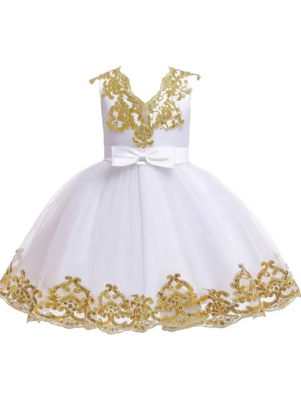 Short Sleeves Red Gold Sequins  Appliques Flower Girl Dresses V-Neck Tulle Princess Silhouette Embroidered Kids Party Dresses