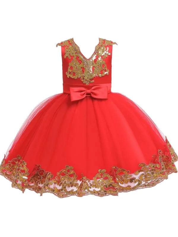 Short Sleeves Red Gold Sequins  Appliques Flower Girl Dresses V-Neck Tulle Princess Silhouette Embroidered Kids Party Dresses