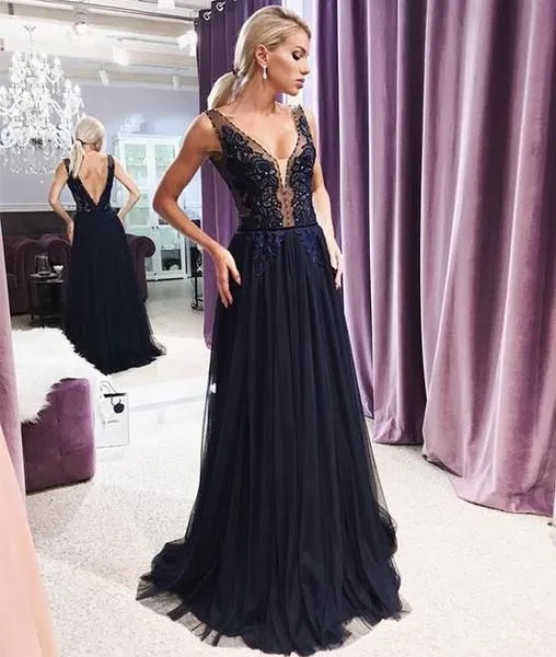 Simple Black Deep V Neck Open Back Tulle Lace Prom Dresses