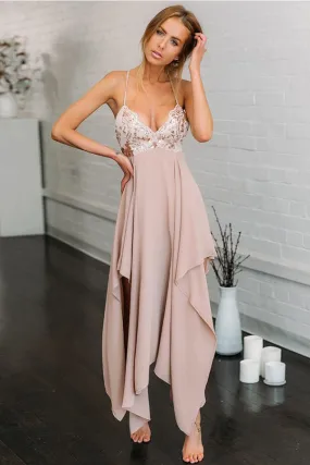 Simple Spaghetti Strap Sleeveless V Neck Chiffon With Sequins Prom Dresses