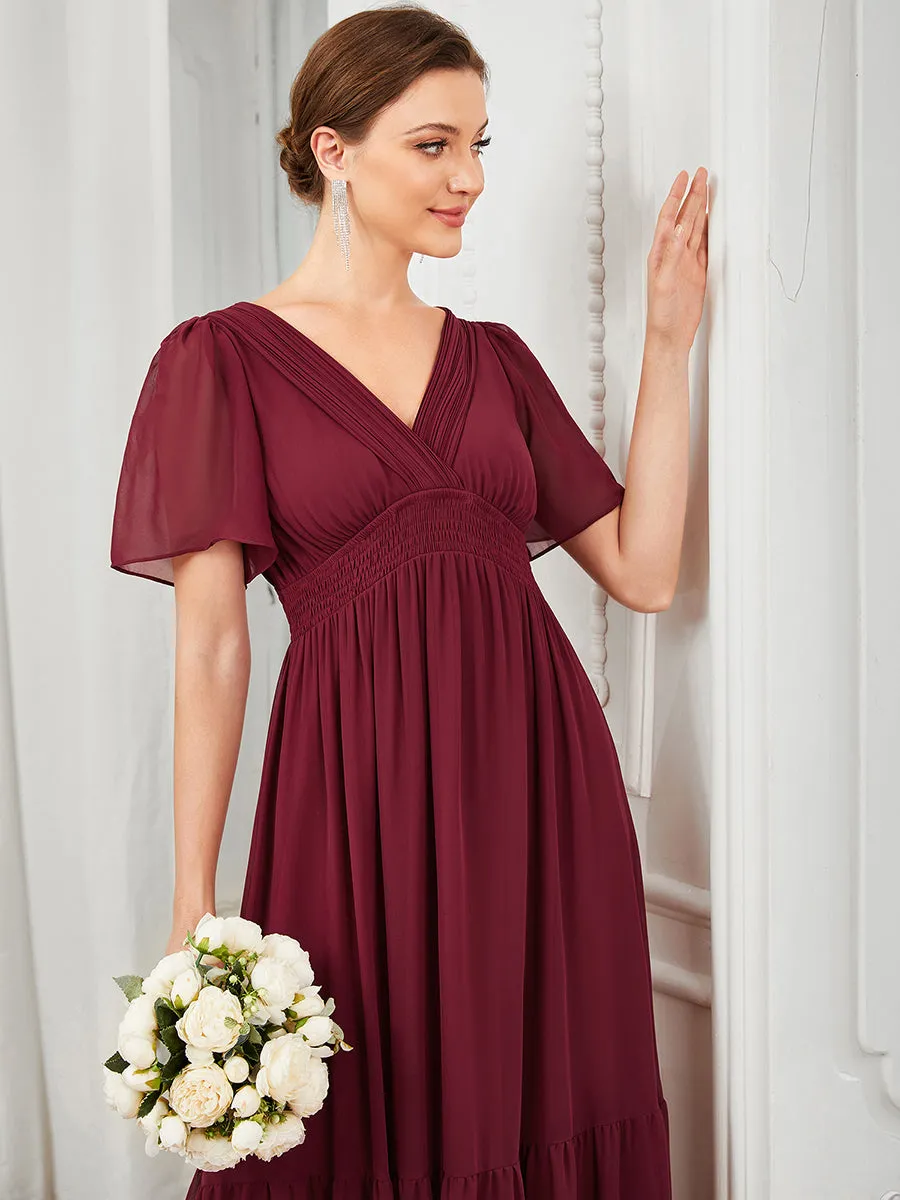 Simple V Neck A Line Short Sleeves Wholesale Bridesmaid Dresses