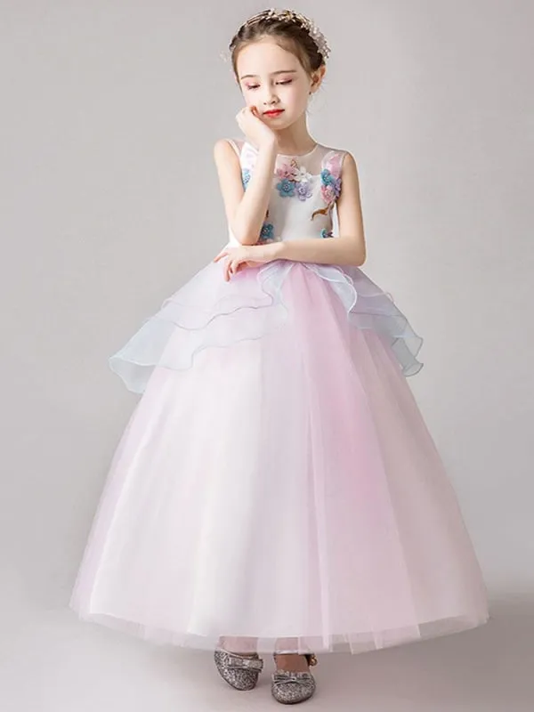 Sleeveless Flowers Kids Party Dresses with 3D Floral Organza Little Girl Dress